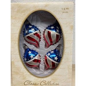2004 Hand Blown Glass American Flag Christmas Tree Ornaments Set Of 4